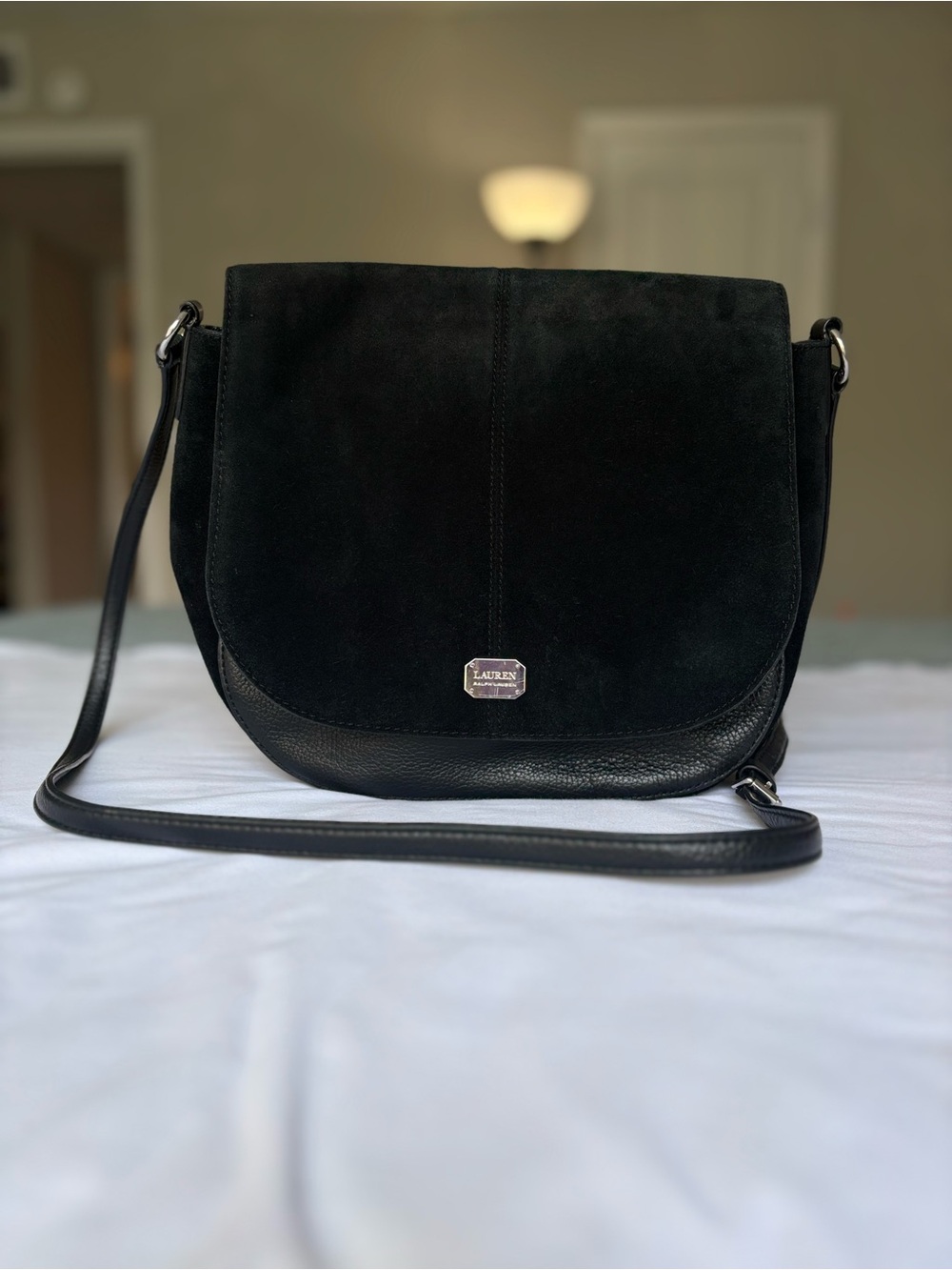 Lauren Ralph Lauren Addie Black Suede Leather Saddle Crossbody Bag